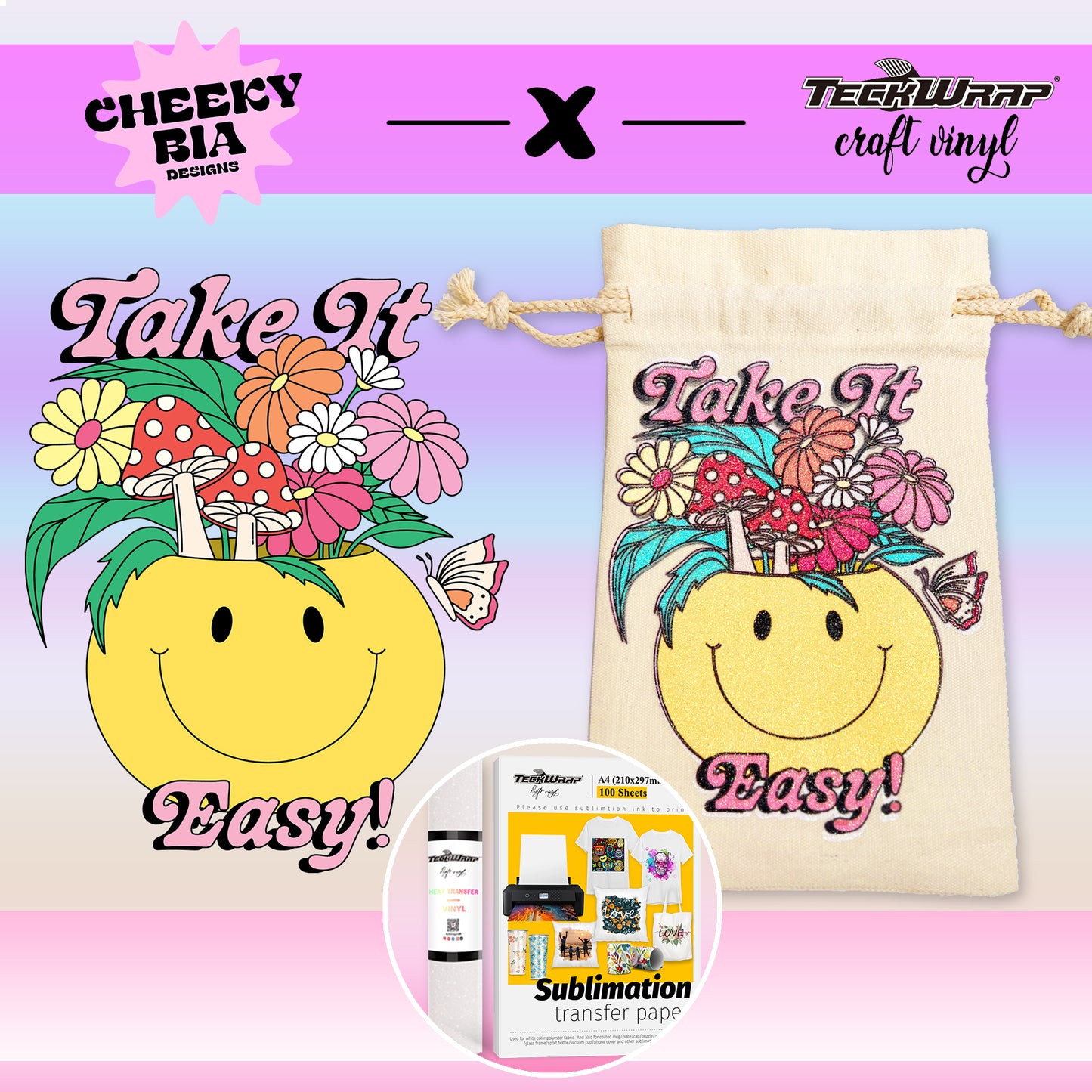 CheekyBia X TeckWrapCraft Smiley Vase Glitter HTV & Sublimation Paper Bundle (SVG Excluded)